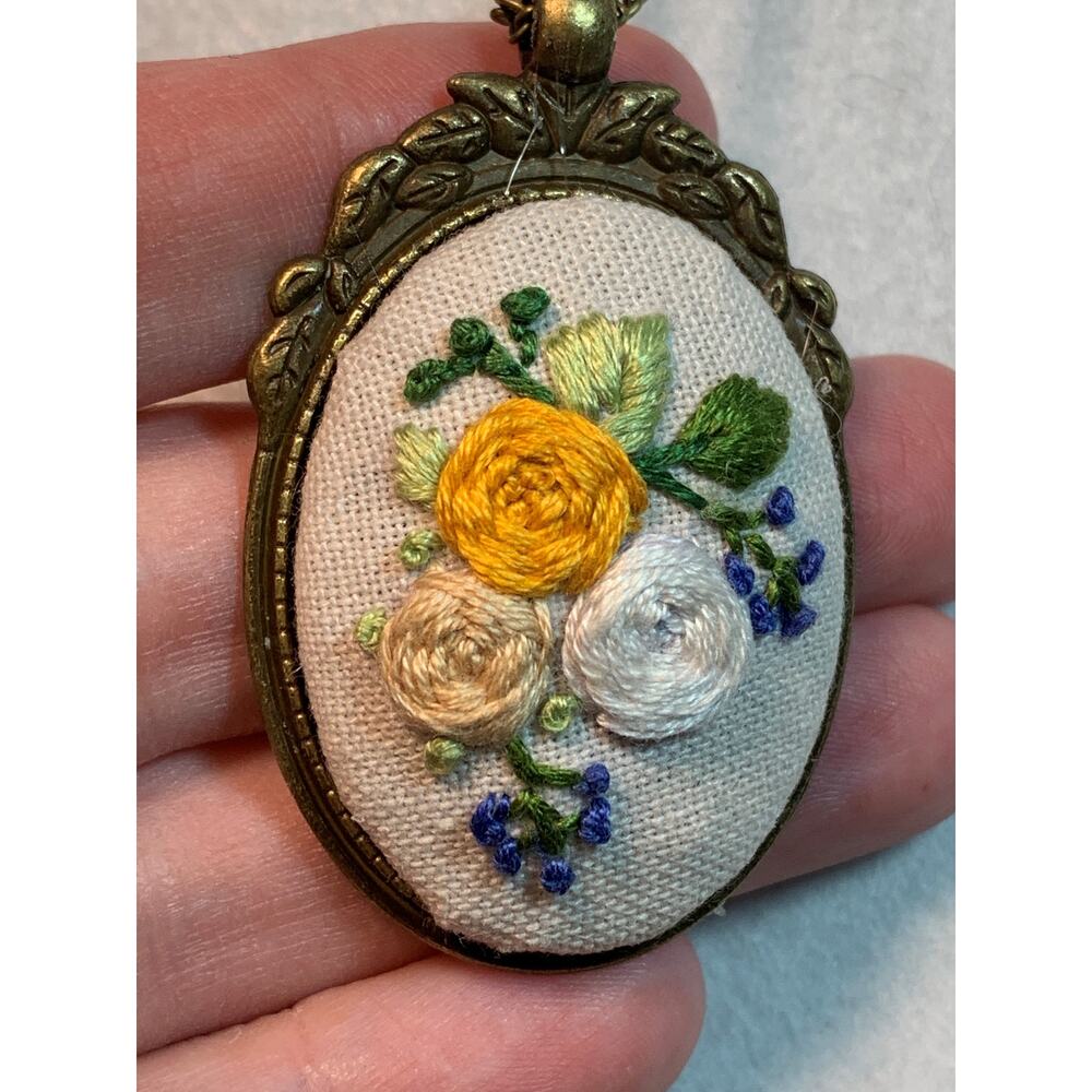 Handmade Blue & Gold Floral Bouquet Embroidery Pendant Necklace